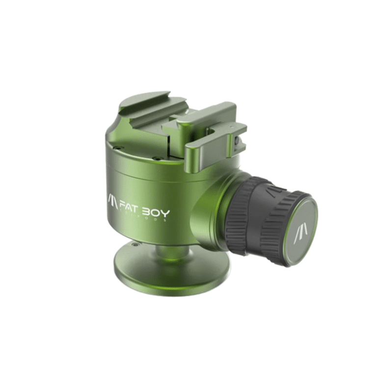 A green camera with a black handle and a tripod
