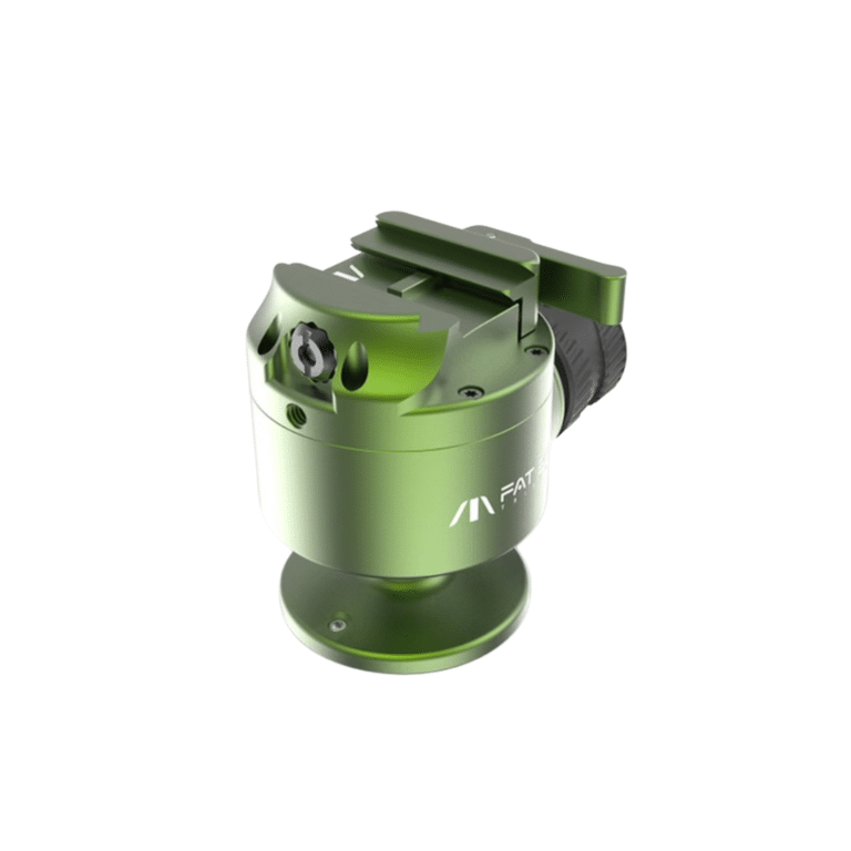 A green camera with a black lens cap.