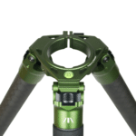 A green tripod with two arms and one arm holding the camera.
