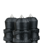 A group of three black plastic bottles with spikes on top.