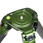 A green tripod with a black and silver camera holder.
