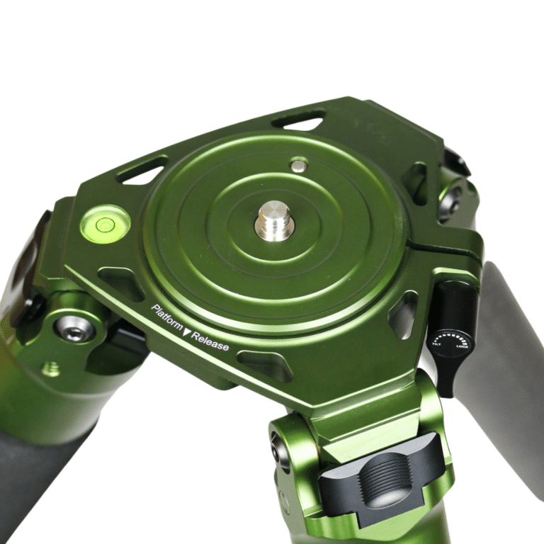 A green tripod with a black and silver camera holder.