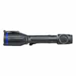 A black flashlight with blue accents on top of it.