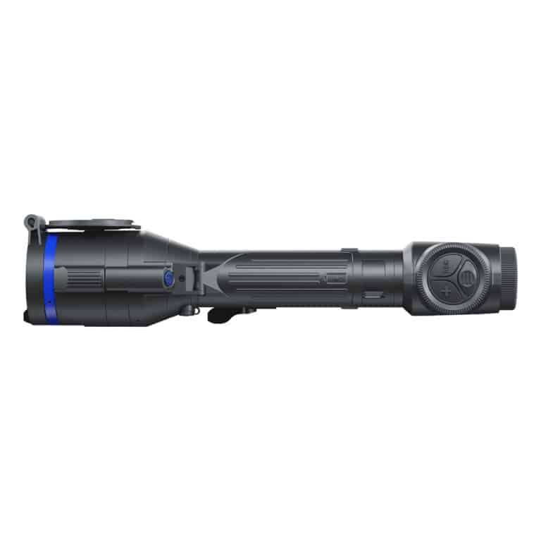 A black flashlight with blue accents on top of it.