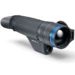 A black and blue camera with a lens attached to it.