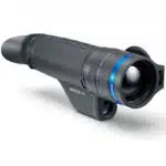 A black and blue camera with a lens attached to it.
