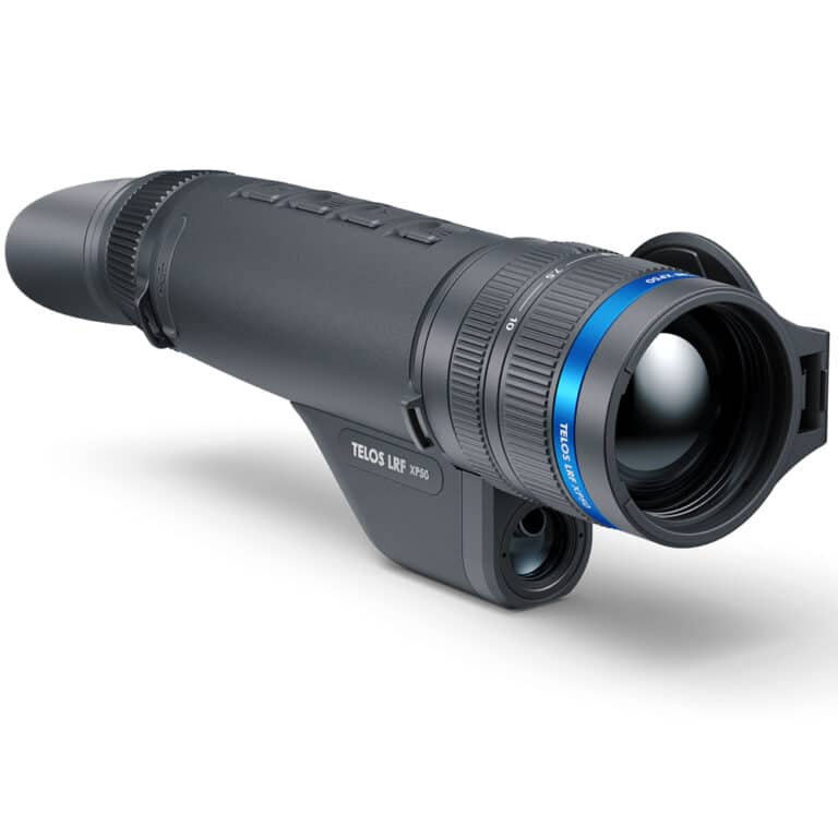 A black and blue camera with a lens attached to it.