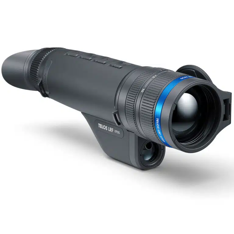 A black and blue camera with a lens attached to it.