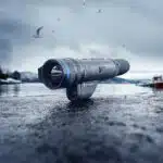 A telescope sitting on the ground in front of water.