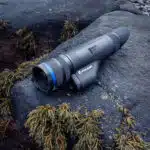 A camera lying on the ground next to some bushes