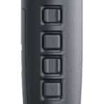A black remote control is shown with four buttons.
