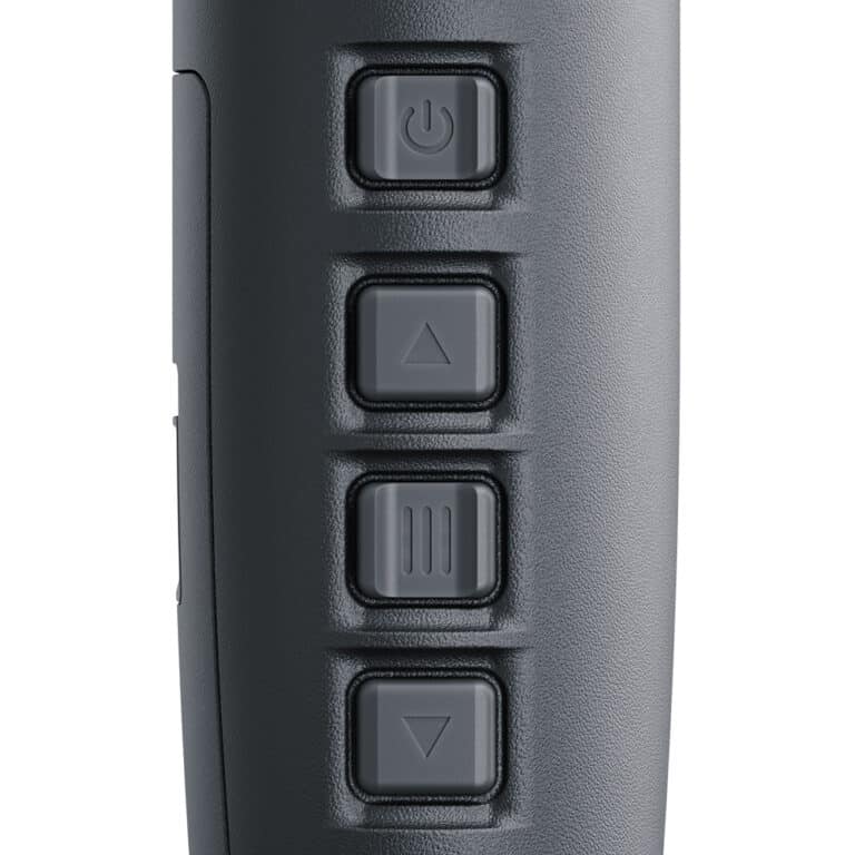A black remote control is shown with four buttons.