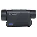 A black camera with blue accents on top of it.