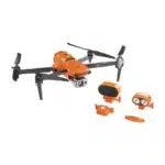 A small orange and black drone with some parts missing.