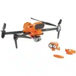 A small orange and black drone with some parts missing.