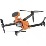 A small orange and black quadcopter with propellers.