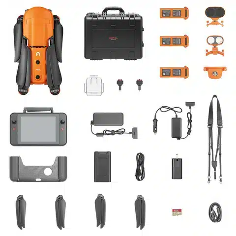 A set of various items that include an orange and black case.