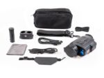 A set of various items that include a camera, charger and case.