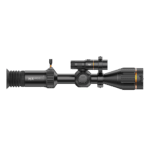 A rifle scope with a red dot sight and a green background
