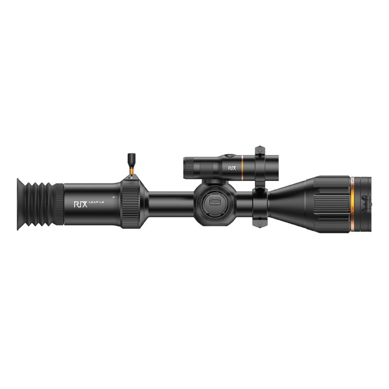 A rifle scope with a red dot sight and a green background