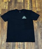 A black t-shirt with the words " logo " on it.
