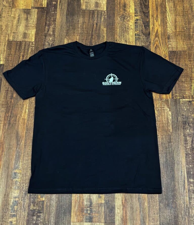 A black t-shirt with the words " logo " on it.