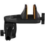A black and yellow phone holder attached to the side of a car.