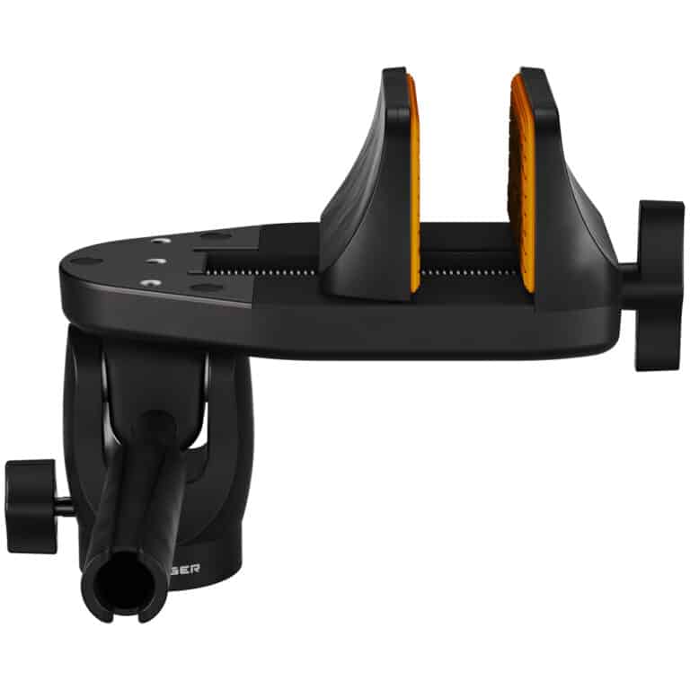 A black and yellow phone holder attached to the side of a car.