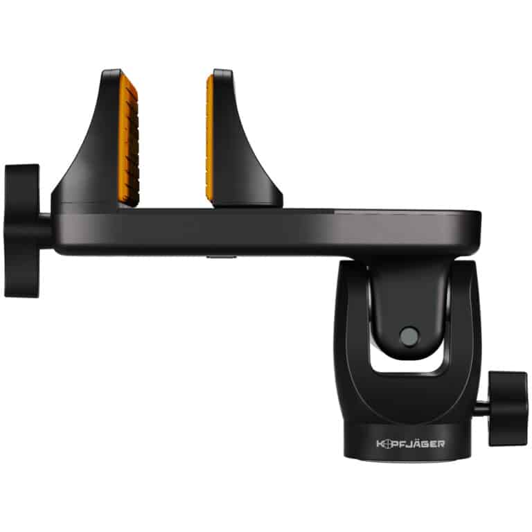 A black and yellow phone holder attached to the side of a car.