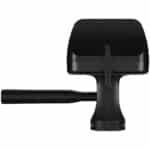 A black handle is on the side of a car.