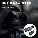A black and white photo of a camera with the words " buy a storm s 6 get a free pocket k 2 !"