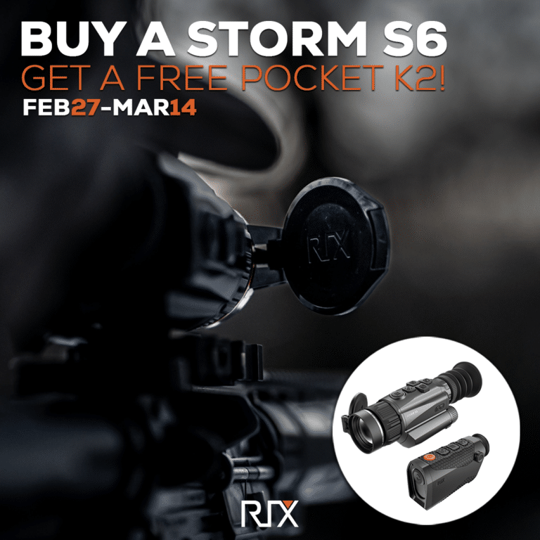 A black and white photo of a camera with the words " buy a storm s 6 get a free pocket k 2 !"