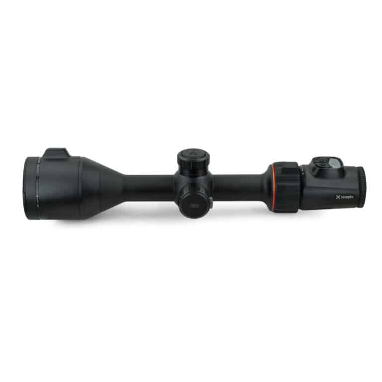 A black scope with red accents on top of it.