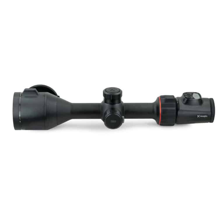 A black scope with red accents on top of it.