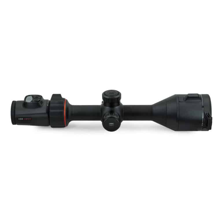 A black scope with red accents on top of it.