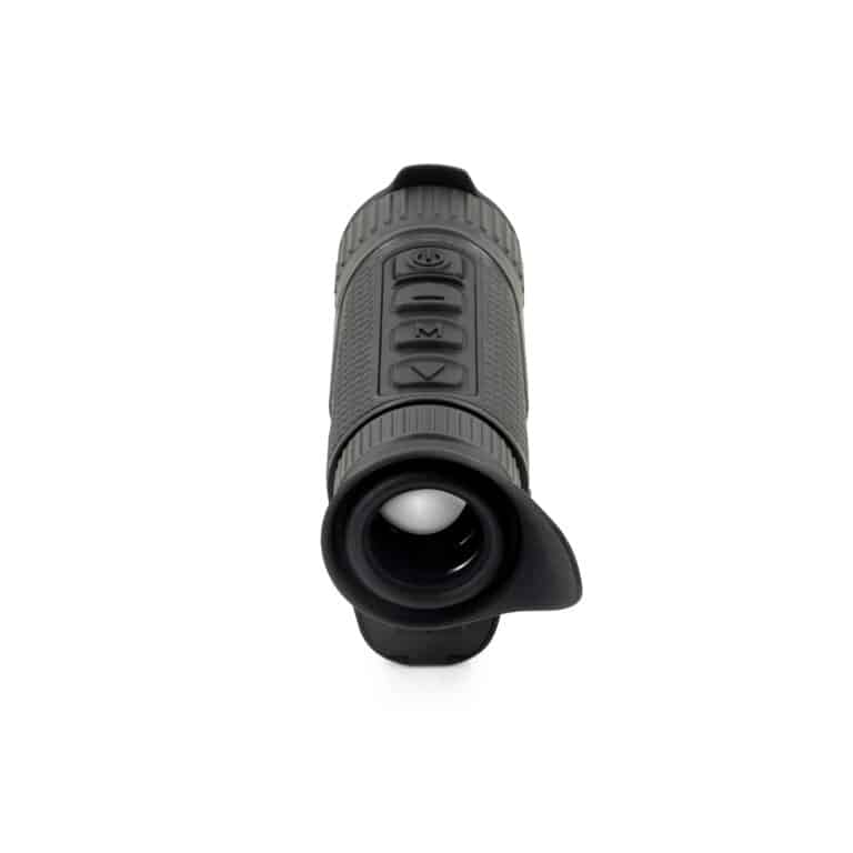 A black and gray camera with a lens on top of it.