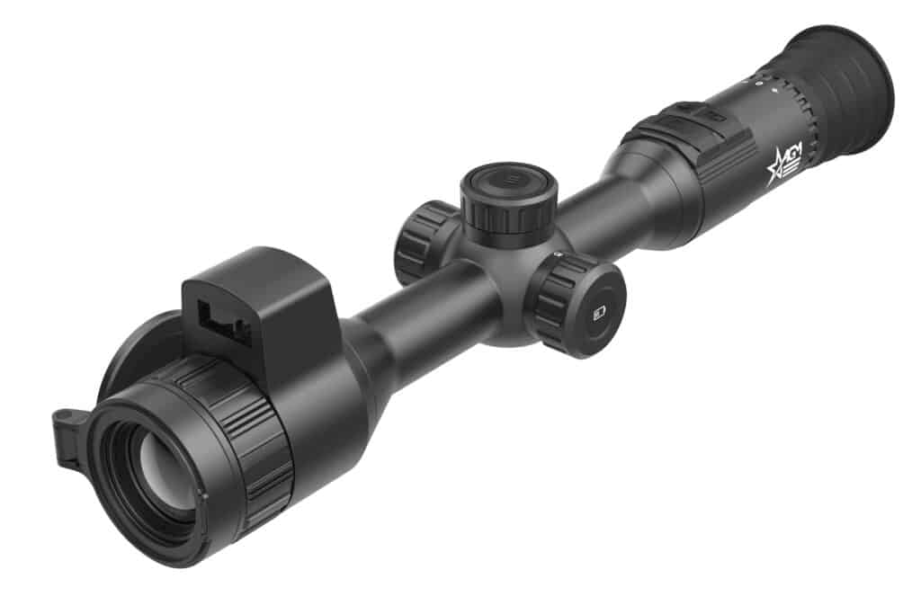 A rifle scope with an attached sight and a red dot.