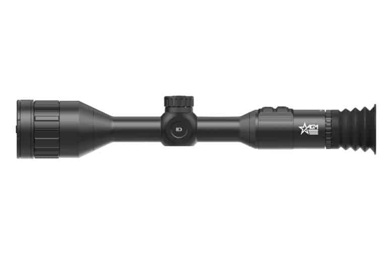A black rifle scope with a long barrel.