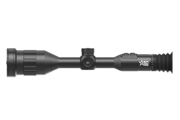 A black rifle scope with a black handle.