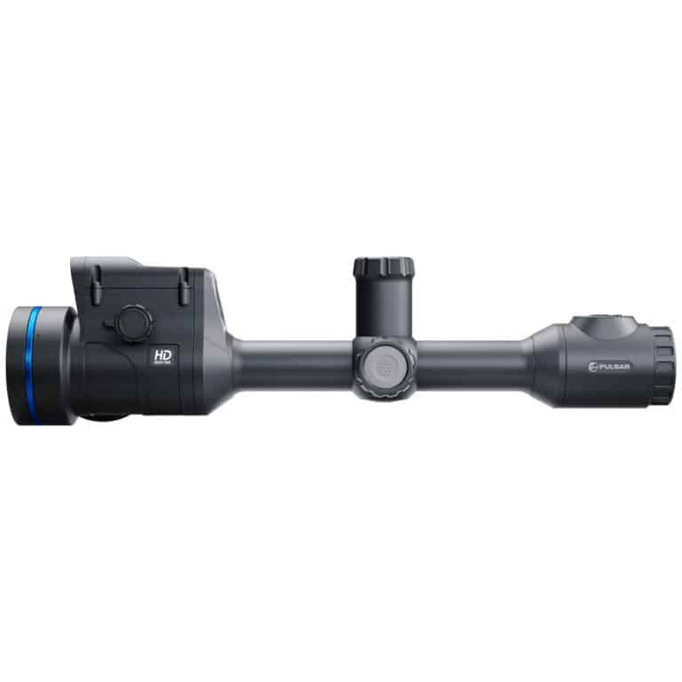 A rifle scope with an illuminated sight and a red dot.