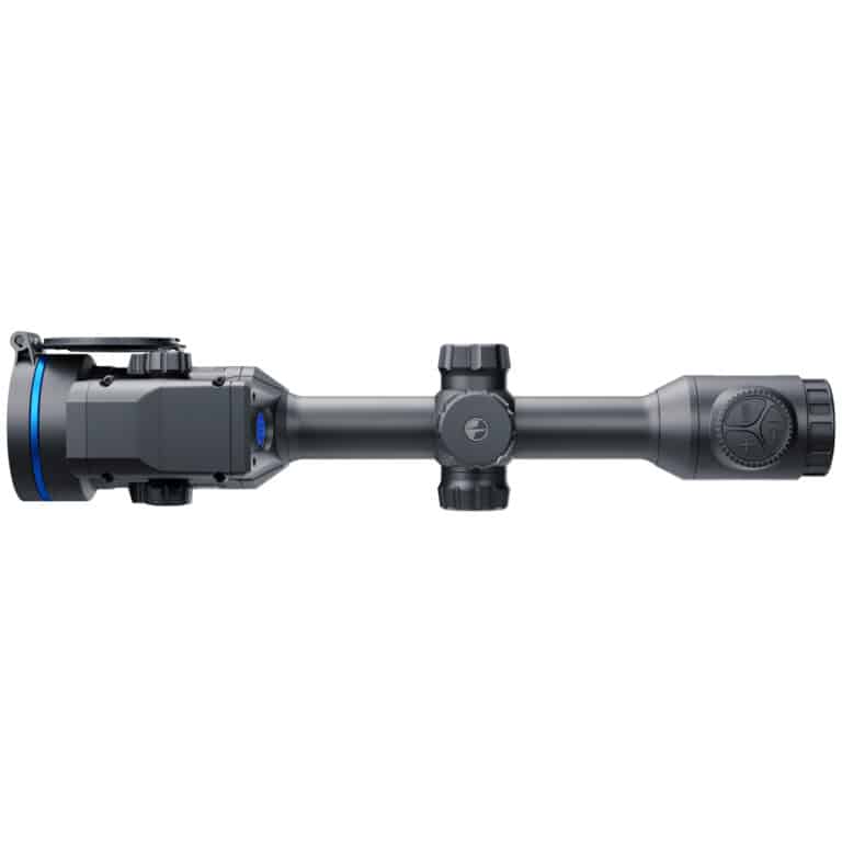 A rifle scope with a blue dot on it.
