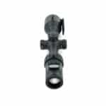 A black rifle scope with a red dot sight.