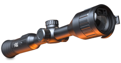 A close up of the scope on a rifle