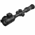 A rifle scope with an attached sight and lens.