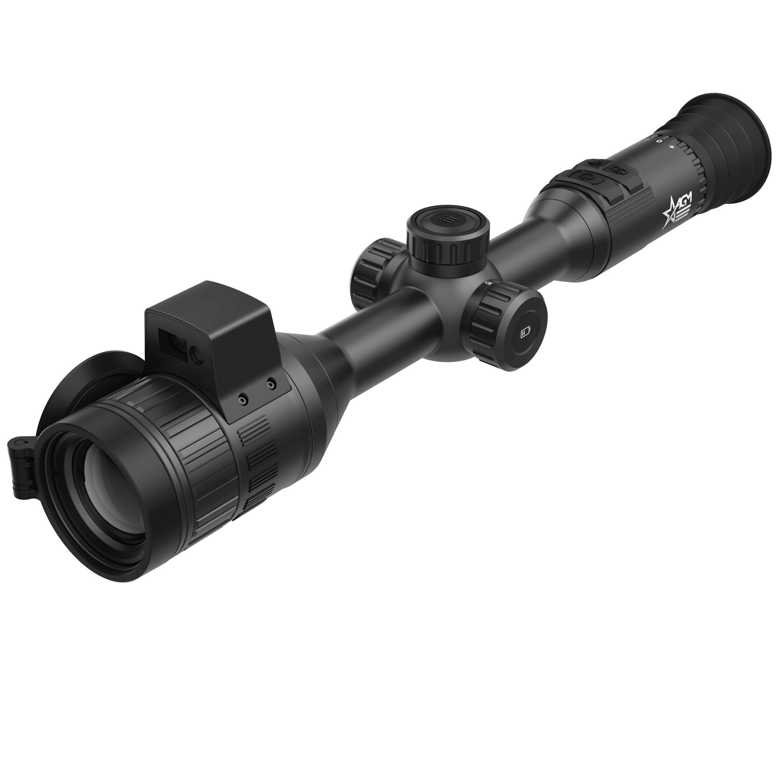 A rifle scope with an attached sight and lens.
