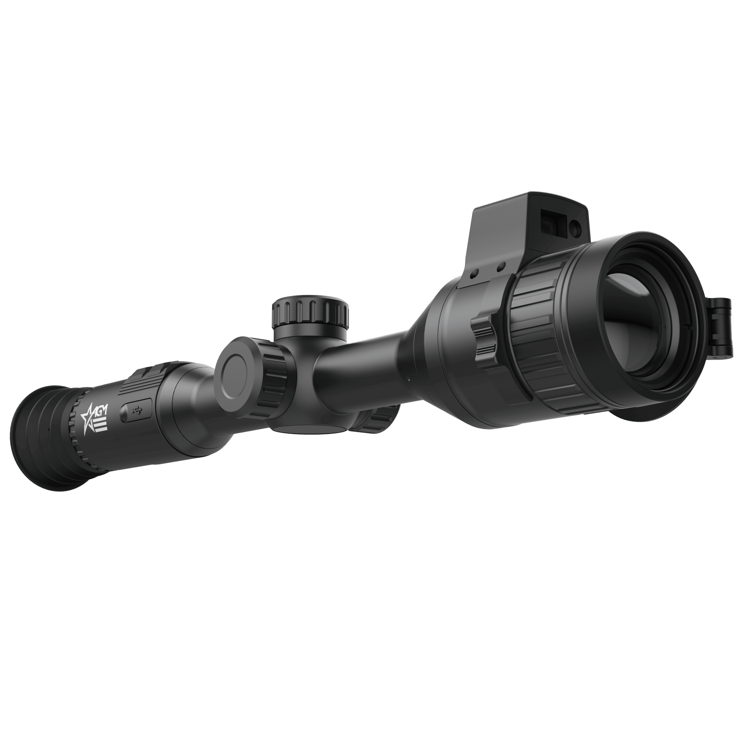 A rifle scope with an attached sight and lens.