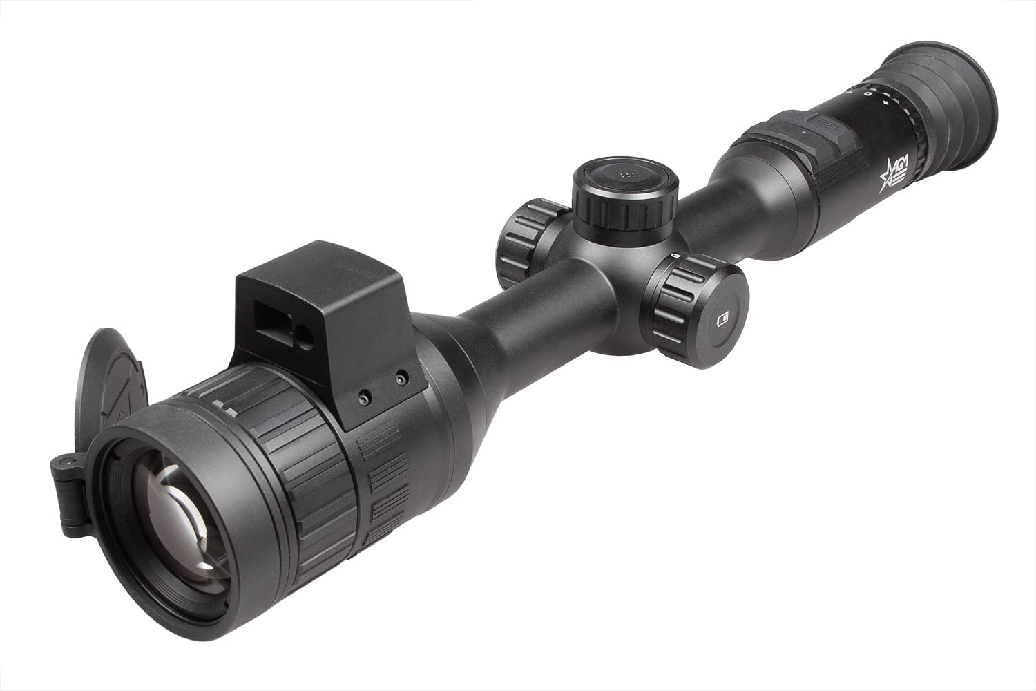 A rifle scope with a sight and lens on it.