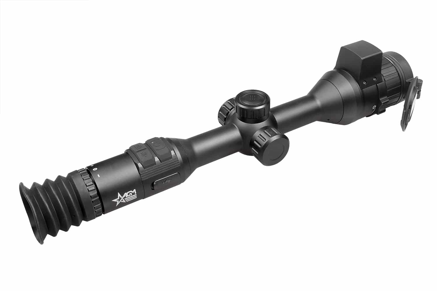 A rifle scope with an attached sight and the focus of it.