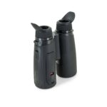 Two black plastic binoculars with a white background