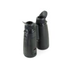 Two black binoculars are sitting next to each other.